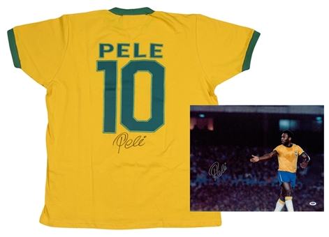 Lot of (2) Pele Signed 1970 World Cup Final Replica Jersey & 16x20 Color Photo In Jersey (PSA/DNA)